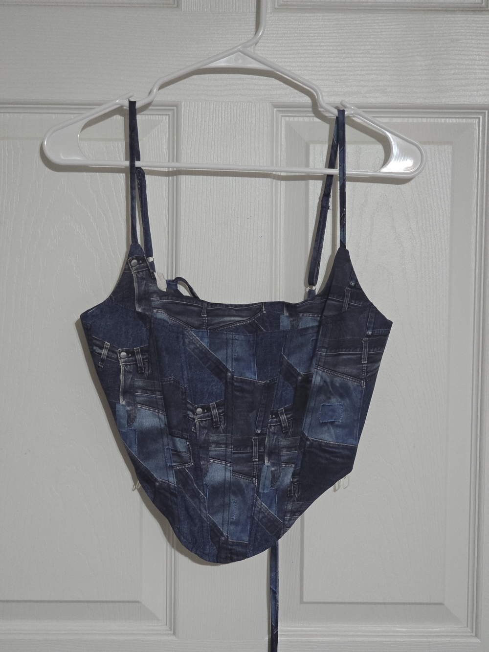 Fashion Nova Dark Blue Denim Print Corset Camisole